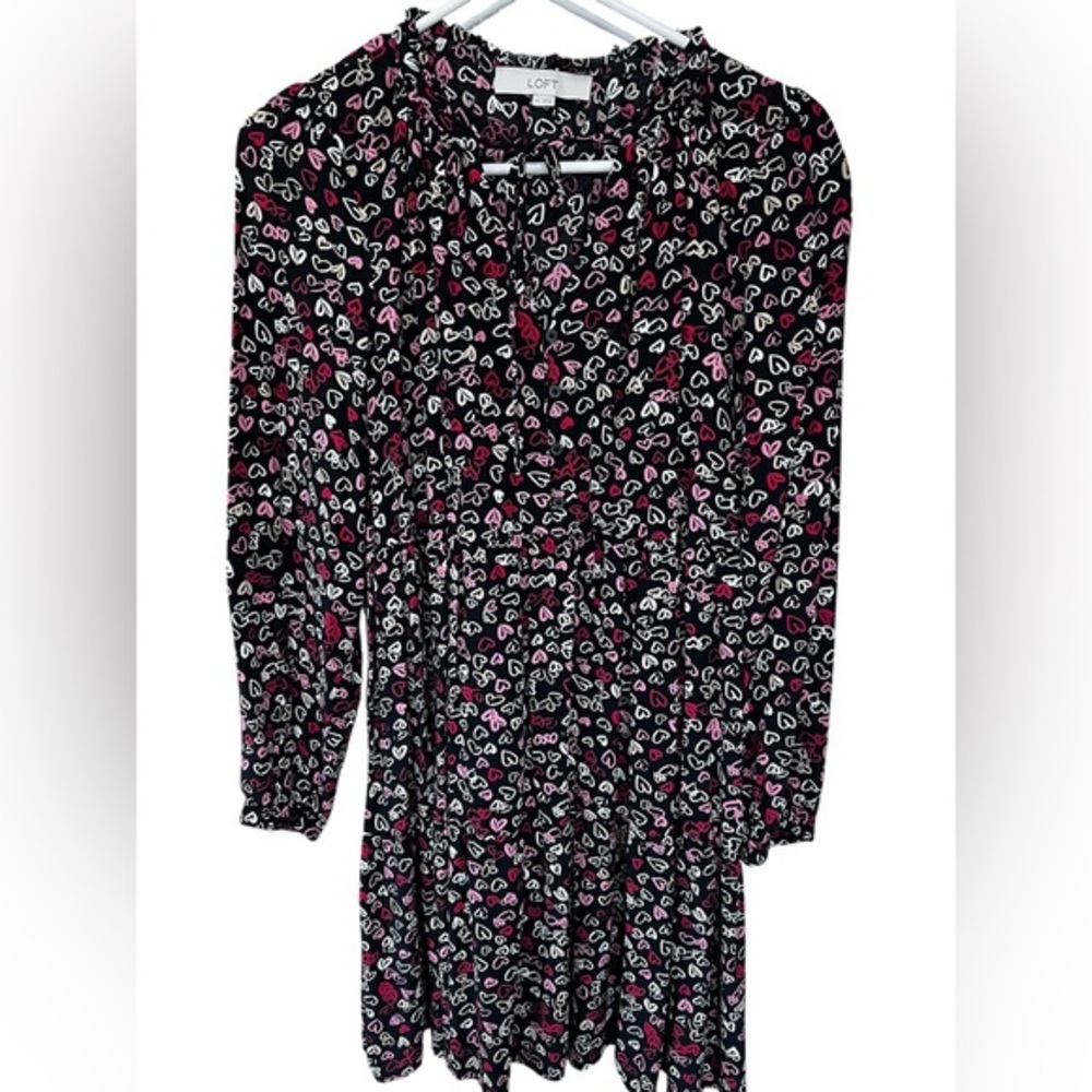 LOFT Black Dress with Pink and White Heart Pattern